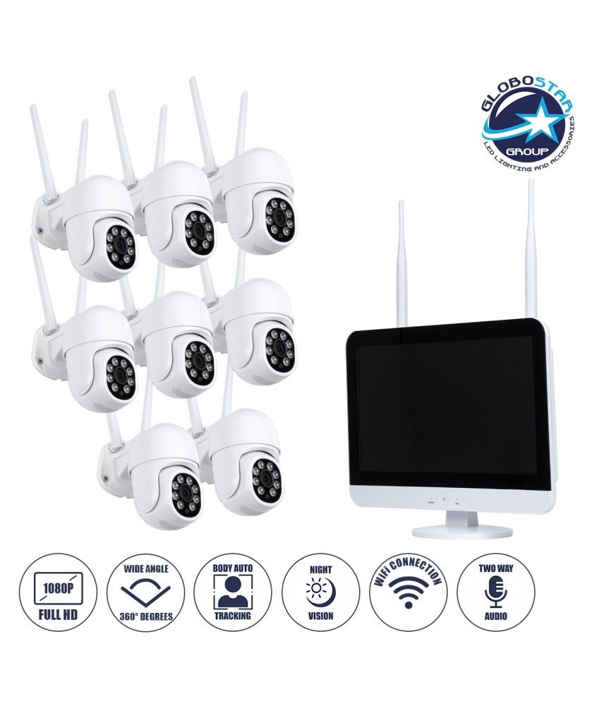 GloboStar® 86042 Ασύρματο Καταγραφικό με Οθόνη - 8 x Camera 2MP 1080P WiFi  360° Μοιρών - Αδιάβροχο IP66 - Νυχτερινή Όραση με LED IR - Διπλή Κατέυθυνση Ομιλίας - Ανιχνευτή Κίνησης - Νυχτερινή Λήψη - Λευκό